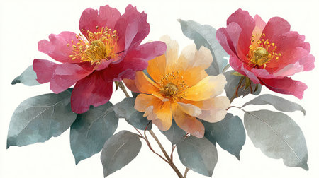 This watercolor illustration showcases three elegant flowers with overlapping petals in shades of pink and yellow. The flowers are set against pale green leaves and stems. The composition, with its artistic style and bright colors, suggests potential use for decorative designs, print media, or commercial applications.の素材