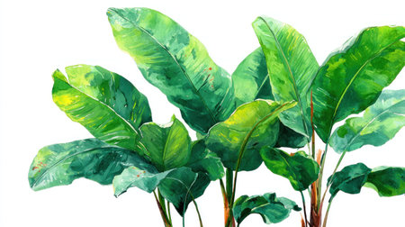 This watercolor painting showcases vibrant green leaves with a variety of tones. The artwork features an overhead view with soft lighting, and it's created in a realistic style. The image could be used for various purposes, including illustrations, designs, or decorative elements. The clean white background helps to create a simple and appealing presentation.の素材