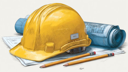 A yellow construction helmet rests atop rolled blueprints and documents, accompanied by pencils. The image displays a clean, overhead composition. The lighting appears soft and even. This image could be used for various commercial projects related to construction and design.の素材