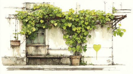 An illustration depicts a building exterior adorned with lush green vines. The watercolor style showcases vibrant green foliage contrasting against the white wall. Sunlight illuminates the scene, enhancing the textures. Suitable for various creative projects, this image may be used for editorial purposes or visual communication materials.の素材