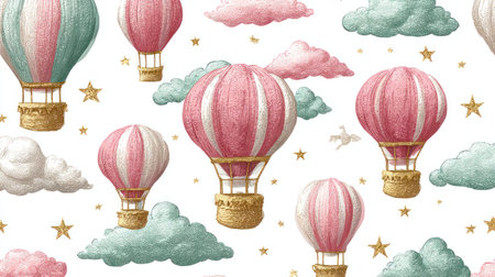 This illustration presents a whimsical pattern featuring hot air balloons, clouds, and stars. The design utilizes watercolor techniques, showcasing a soft color palette and a textured aesthetic. Suitable for various applications like textile design or background use, the artwork could enhance a range of creative projects.の素材