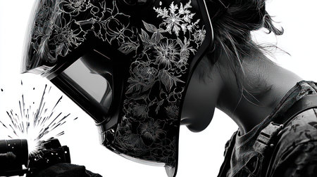 A grayscale image shows a person welding with a focus on protective equipment. The welder is using a welding mask with floral designs and sparks are visible. The scene has strong contrast. It could be useful for illustrating construction, industry, or the trades.の素材