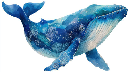 This watercolor illustration features a whale, depicted with various shades of blue. The artwork showcases a detailed texture and a dynamic pose, set against a pristine white background. It could be useful for educational materials, design projects, or general decorative purposes.の素材