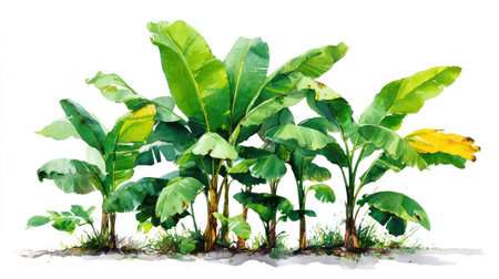 This watercolor illustration features multiple banana plants with large green leaves. The artwork showcases a close-up composition against a clean white background, emphasizing the plant's textures and details. Ideal for various commercial projects requiring botanical or natural imagery, including educational materials and design applications.の素材