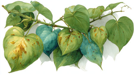 This watercolor painting depicts a climbing vine with large, heart-shaped leaves. The leaves display shades of green, with some showing brown spots. The composition is likely created indoors, featuring a detailed study of botanical elements. It could be used for various editorial and commercial applications.の素材