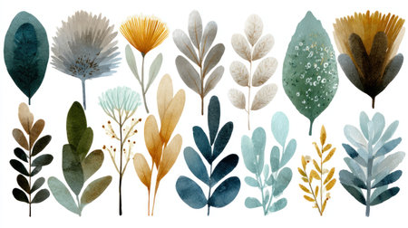 This image presents a collection of watercolor floral elements isolated on a white backdrop. The composition features various stylized leaves and flowers in shades of teal, gold, and gray. The artistic style suggests an organic and natural aesthetic, with potential applications in design and decorative projects.の素材