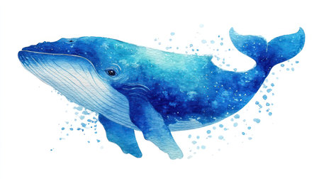 A vibrant watercolor painting depicts a large blue whale. The artwork features shades of blue, with delicate brushstrokes creating a textured appearance. The composition is set against a clean white backdrop. This image is suitable for various commercial applications, including educational materials and decorative designs.の素材