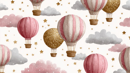 This image presents a repeating pattern of hot air balloons in various colors, interspersed with fluffy clouds and twinkling stars. The watercolor style features soft textures and a pastel color palette. The composition has an overhead view, possibly ideal for backgrounds, textiles, or decorative print applications.の素材