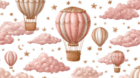 This watercolor illustration showcases several hot air balloons drifting among pink clouds and stars. The artwork employs soft colors and textures, suggesting a whimsical, dreamlike style. The composition is likely designed for decorative or ornamental purposes. It may be suitable for children's books, greeting cards, or various design applications.の素材