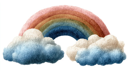 An illustration depicts a colorful rainbow arcing over two fluffy clouds. The artwork uses a watercolor style with soft textures and gradients. The composition suggests a whimsical and cheerful atmosphere, with the design suitable for various uses, including children's media and decorative purposes.の素材