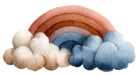 This watercolor illustration features a rainbow with multiple colored arches and fluffy clouds. The image is rendered with soft brushstrokes and pastel colors. The composition is likely created for decorative or design purposes, suitable for various projects. It can be utilized in print, digital media, or design templates.の素材