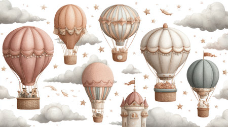 This watercolor illustration showcases several hot air balloons floating amongst soft clouds. Rendered with pastel hues, the composition features detailed textures and a whimsical style. The gentle lighting suggests a daytime setting. Ideal for design projects, this image could be used for various commercial and editorial purposes.の素材