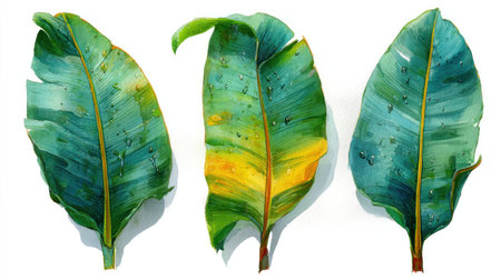 This watercolor illustration features three isolated leaves, exhibiting shades of green and yellow. The composition showcases textures and details, suggesting an artistic style. It could be used for various purposes, including print, design, and editorial content. The clean white background provides copy space.の素材