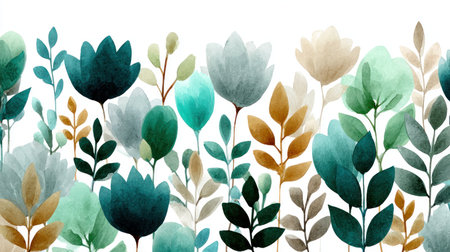 This watercolor illustration features a border of stylized flowers and leaves. The composition showcases shades of teal, gold, and green. The artwork employs soft textures and a clean, minimalist style. This image could be suitable for various design applications or as an element in editorial projects.の素材