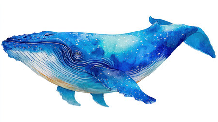 This watercolor illustration features a large blue whale isolated against a clean white backdrop. The aquatic mammal displays shades of blue and white, showcasing a detailed artistic style. This imagery can be used for educational materials, design projects, and various creative purposes.の素材