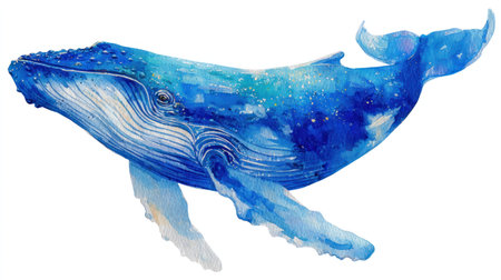 This watercolor illustration depicts a large whale swimming. The creature displays shades of blue and white, with a textured effect, and is set against a plain white background. It could be used for educational materials, design projects, or as part of a larger composition, offering a visually appealing element.の素材