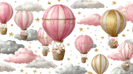 This charming illustration presents a series of pink and gold hot air balloons floating amongst pastel-colored clouds and golden stars. The watercolor style lends a soft texture, while the composition is arranged against a white backdrop. It could be suitable for various applications, including children's designs or decorative projects.の素材