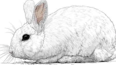 A digital illustration depicts a white rabbit in profile. The artwork features textured fur, a detailed eye, and subtle shading, creating a realistic aesthetic. The composition is simple, set against a plain background. This image could be suitable for educational materials or design projects.の素材