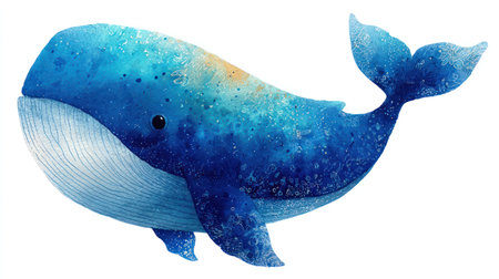 This watercolor illustration features a blue whale with white accents, set against a clean white background. The image uses soft textures and a whimsical style, with a focus on vibrant colors and gentle shading. It can be used for various projects including educational materials and children's content.の素材