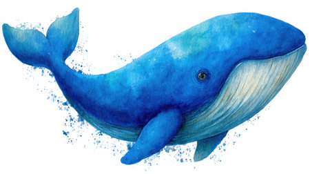 This watercolor illustration depicts a large blue whale, presented in a vibrant blue hue with lighter shades adding depth. The artwork showcases a playful, dynamic pose with splashing water effects. The image is set against a clean white background, creating an ideal asset for various editorial and commercial applications.の素材