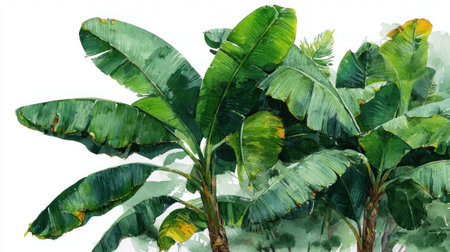 An artistic depiction presents vibrant banana plants with large, textured green leaves. The watercolor style employs shades of green against a white backdrop, conveying a sense of natural beauty. The composition emphasizes the overhead view, suitable for use in design, illustration, and environmental themes.の素材