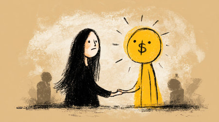 An illustration depicts a woman shaking hands with a golden figure featuring a dollar sign. The artwork employs soft colors and shading, with a focus on simple forms and lines. The background suggests a neutral environment, and the style is reminiscent of children's book illustrations. This image may be suitable for financial concepts and business-related editorial content.の素材