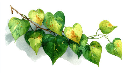 A watercolor painting depicts a vine with heart-shaped leaves in shades of green and yellow. The leaves are attached to a brown branch. The artwork uses soft brushstrokes, realistic textures and shadows, creating a natural feel against a white background. Suitable for illustrative or decorative uses.の素材