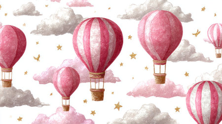 This watercolor illustration features multiple pink and white striped hot air balloons floating amongst soft, fluffy clouds. The artistic composition uses gentle lighting and pastel tones, creating a whimsical effect. It could be used for various projects, including children's books, greeting cards, or decorative elements.の素材