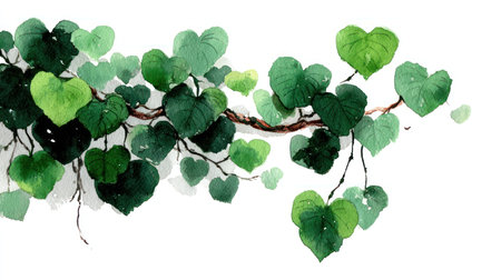 An artistic depiction presents heart-shaped green leaves attached to a brown branch, against a white backdrop. The watercolor style showcases soft textures and varying shades of green. This illustration suggests themes of nature and growth, suitable for various applications, including print and digital media.の素材