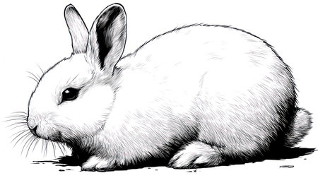 This black and white illustration depicts a rabbit in a side profile. The artwork features a detailed drawing with a soft texture. The lighting appears to be even, providing a clear depiction of the animal. This image could be utilized for various commercial purposes, including educational materials and design projects.の素材