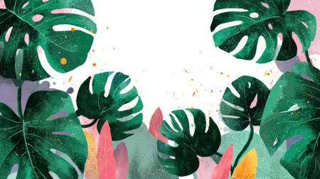 This artwork features lush green tropical leaves against a vibrant, abstract background. The leaves are rendered in a watercolor style, with varying shades of green. The composition highlights copy space and watercolor effects. This image is suitable for use in design projects or for commercial applications.の素材