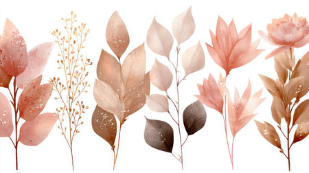 This watercolor illustration showcases a collection of floral elements including leaves and flowers. The artwork utilizes a soft, muted color palette with brown and beige hues. The composition appears to be designed for decorative purposes and suitable for various creative applications. It can be used for design, print, and web projects.の素材