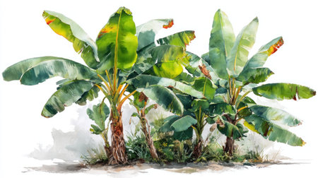 This watercolor illustration features multiple banana plants with large, green leaves. The artwork uses a soft color palette with visible brushstrokes, suggesting a naturalistic style. The composition, set against a white background, isolates the plants, emphasizing their forms. Suitable for various design applications, the image can be used for editorial or commercial purposes.の素材