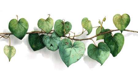 This watercolor illustration showcases a detailed depiction of heart-shaped leaves in various shades of green, attached to a brown branch. The image is rendered with a delicate, artistic style against a clean white background. This visual could be suitable for decorative designs or educational content.の素材