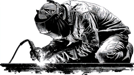 A welder is depicted in action, focused on the task of welding metal. The scene is rendered in black and white, highlighting the contrast between the figure and the light from the welding process. The composition suggests an industrial or construction setting and may be suitable for illustrating themes related to industry or labor.の素材