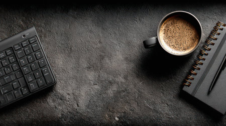 A top-down composition presents a keyboard, coffee mug, and notebook resting on a dark, textured surface. The scene features a high-angle shot, showcasing the arrangement against a subdued background. It may serve commercial purposes related to work, technology, or business concepts with an elegant aesthetic.の素材