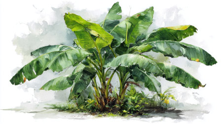 A watercolor illustration depicts a banana plant with vibrant green leaves and a central stem. The artwork showcases soft brushstrokes and a blurred, painterly style. The composition is set against a white backdrop, enhancing the plant's colors. Suitable for various commercial uses, including editorial and design projects, this image offers versatile applications.の素材