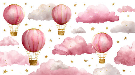 This watercolor illustration features pink hot air balloons and fluffy clouds against a clean white backdrop. The soft textures and pastel color palette create a dreamy atmosphere. The composition is suitable for various applications, including children's designs, invitations, and decorative purposes. This image can be used for both commercial and editorial contexts.の素材