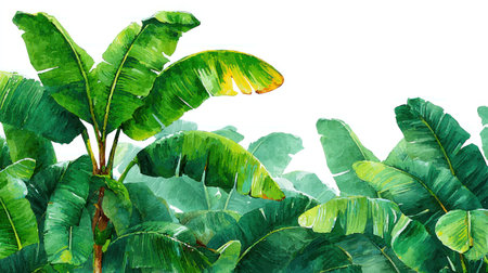 This watercolor illustration features vibrant green banana leaves, painted with varying shades and textures. The composition showcases the leaves against a clean white backdrop, creating a sense of depth. The artwork, with its artistic style and overhead lighting, suits commercial applications, including decorative and editorial projects.の素材