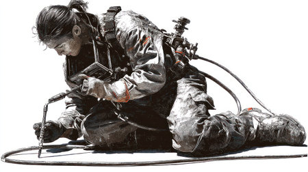 A woman is depicted welding, focused intently on her work. She is wearing protective gear, suggesting a workshop environment. The image features a neutral background, highlighting the subject's activity. This visual could be utilized for various commercial projects related to industry, labor, or skill.の素材