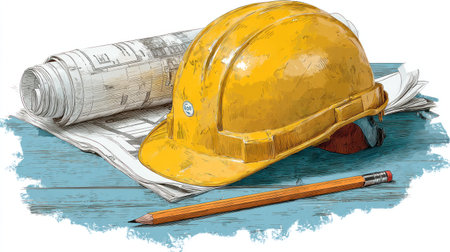 A close-up view presents a yellow hard hat resting beside a rolled blueprint and a pencil. The scene displays construction tools arranged on a blue surface. The image exhibits a realistic style with soft lighting, suitable for illustrating engineering and building concepts. It's applicable for diverse commercial projects like websites and print materials.の素材
