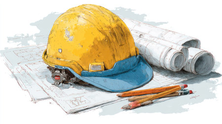 A yellow construction helmet rests upon architectural blueprints, accompanied by rolled plans and pencils. The illustration features a bright, clean style with a focus on details. The composition suggests an indoor setting, possibly an office or design studio, with adequate lighting. Ideal for projects related to construction, architecture, and planning.の素材
