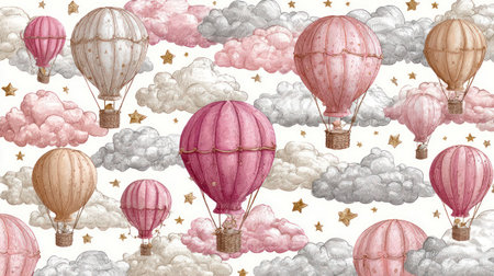This watercolor illustration showcases several hot air balloons floating amongst fluffy clouds. The image displays a soft palette of pink, beige, and gray tones. The composition is arranged in a decorative pattern, potentially suitable for various design projects and commercial applications, such as children's designs or nursery art.の素材