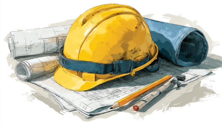 A yellow hardhat rests on top of rolled-up blueprints next to tools. The image has a watercolor style with soft lighting. The scene suggests an indoor setting with elements related to architecture. Suitable for articles or advertising content about construction.の素材