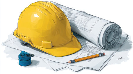 A vibrant illustration showcases a yellow hard hat resting beside rolled blueprints and a pencil. The composition highlights construction tools against white paper. The artwork uses bright colors and a clear style. Suitable for materials related to architecture, planning, or construction projects. The image could be used for various commercial applications.の素材