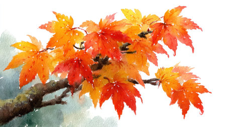 This watercolor painting showcases a branch laden with colorful autumn leaves. The image features a bright arrangement of red and orange foliage against a clean white background. The artistic style suggests a delicate watercolor technique. Suitable for various applications, including print media, and editorial or commercial projects.の素材