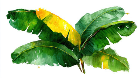 This watercolor illustration features a cluster of banana leaves in varying shades of green and yellow. The artwork showcases soft brushstrokes and a vibrant color palette, set against a clean white background. Suitable for decorative projects, this image can be used in diverse commercial and editorial applications.の素材