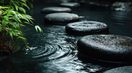 A close-up captures stepping stones across water in a tranquil scene. The image showcases dark, rounded stones with subtle textures, surrounded by rippling water. Green foliage provides contrast against the dark tones. Ideal for illustrating concepts of serenity, meditation, and natural beauty in various applications.の素材