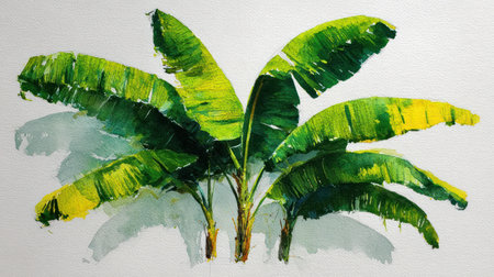 This watercolor painting depicts a cluster of banana leaves, showcasing varying shades of green and touches of yellow. The artwork utilizes loose brushstrokes, creating a textured effect. The composition is set against a white background, suggesting a studio environment. This image is suitable for various commercial uses, including decorative prints and educational materials.の素材
