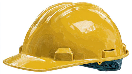 A close-up view presents a yellow hard hat, a key element in construction safety. The glossy material reflects light, emphasizing its smooth texture. The composition is likely for commercial purposes, illustrating workplace safety or protective gear. It could be used in various editorial contexts related to building and construction industries.の素材